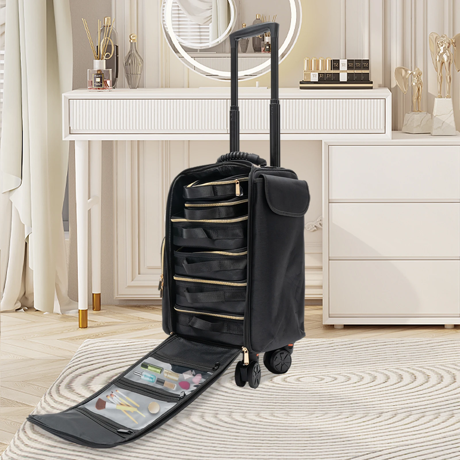 حقيبة قطار المكياج المتدحرجة منظم تخزين مستحضرات التجميل مع 6 أكياس مستحضرات التجميل القابلة للإزالة حقيبة مستحضرات التجميل بعجلات دوارة للمكياج