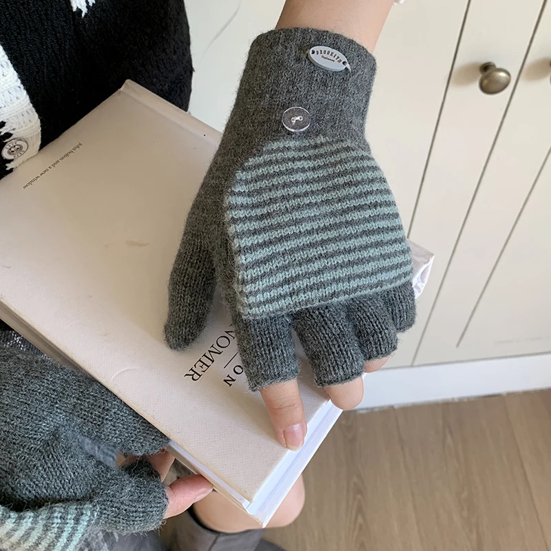 Knitted Fingerless Gloves Winter Thicken Warm Touch Screen Open Flip Design Flap Gloves for Men Women Half Finger Student Gloves