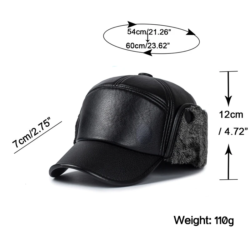 New Winter Bomber Hat Men Women Russian Black Leather Ushanka Cap With Ear Flaps Fur Warm Leather Brand Baseball Cap