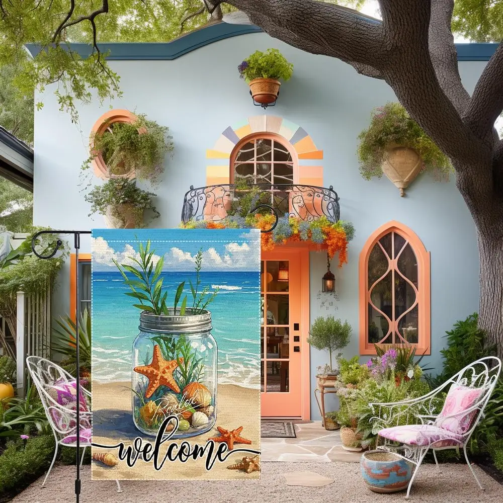 Welcome Summer Garden Flag 12x18 inch Vertical Double Sided Mason Jar Sea Shell Starfish Coastal Burlap Outdoor Lawn Sunshin EEZ