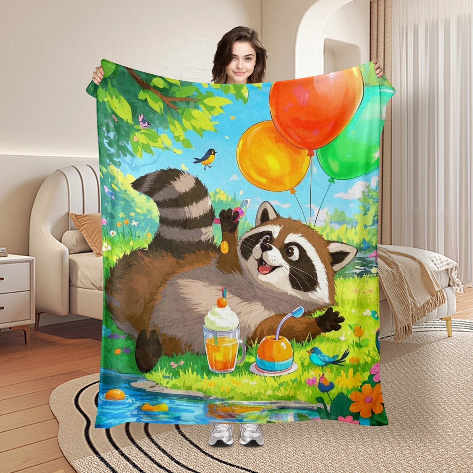 

Anthropomorphic Raccoon With Balloons Drink River And Trees Blanket For Home Decor And Playful Style Statement Accent