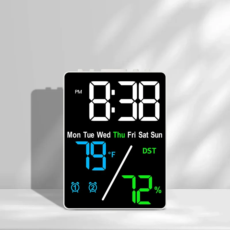 Digital Alarm Clock TEMP Humidity Date Week Disply 2 Alarm Snooze Electronic Table Clock 3-level Brightness 12/24H DST LED Clock