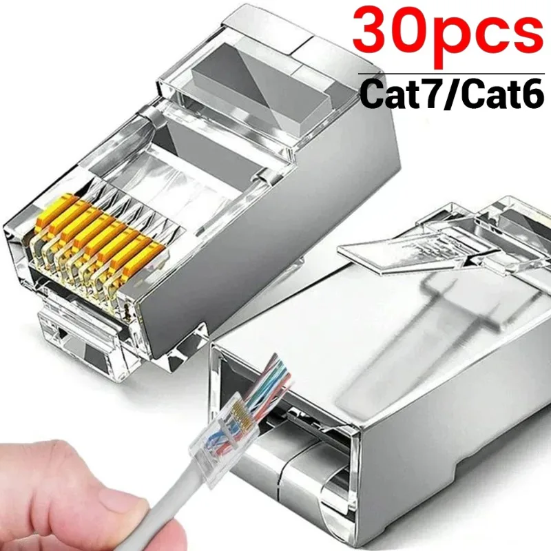 30/10/1Pcs Pass Through RJ45 Cat7/Cat6/ Shielded Connectors Crystal End Gold-Plated 8P8C Crimp UTP Ethernet Modular Plug