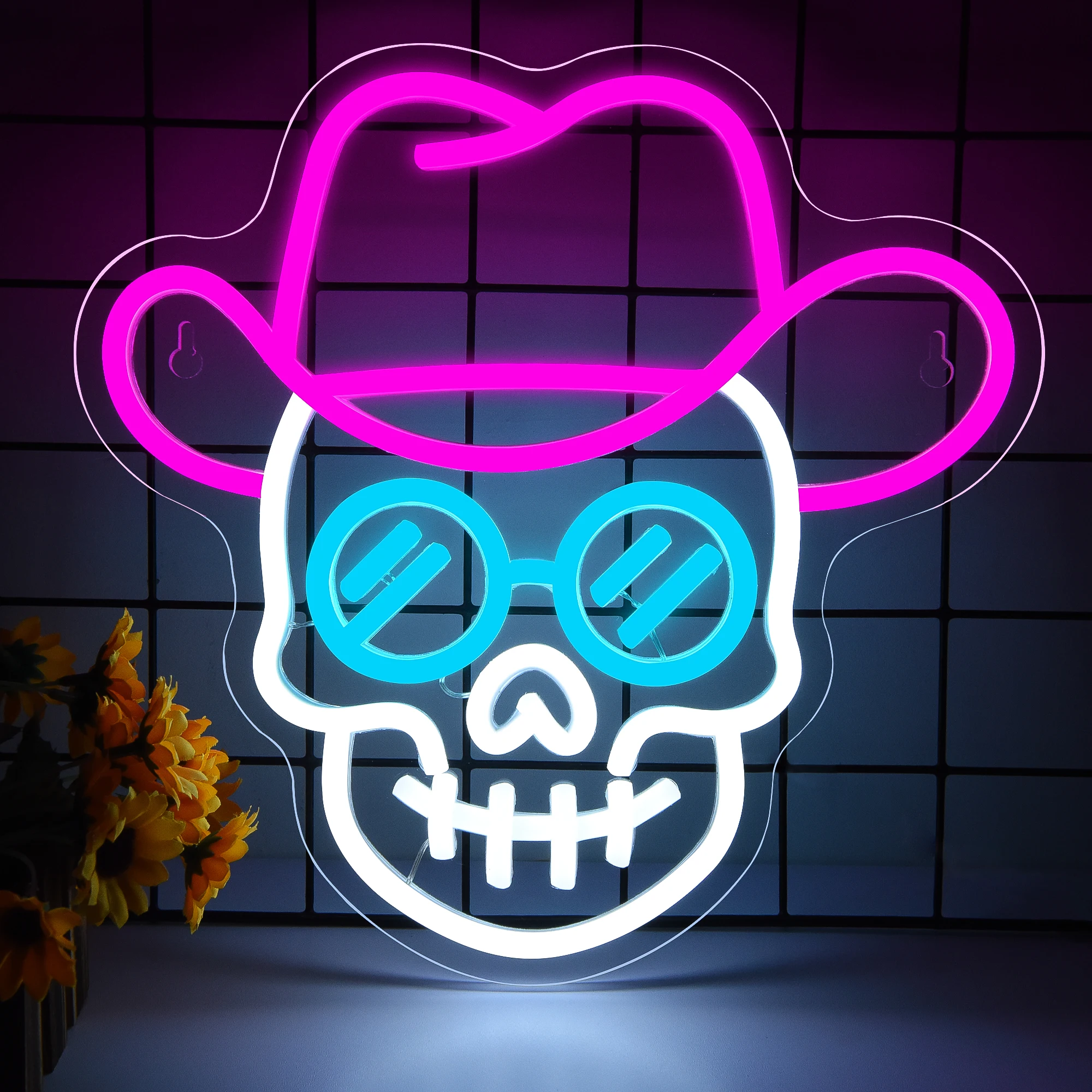 

Skull Neon Sign for Halloween Cowboy Skeleton Skull LED Neon Light for Room Bar Party Man Cave Birthday Halloween Gifts