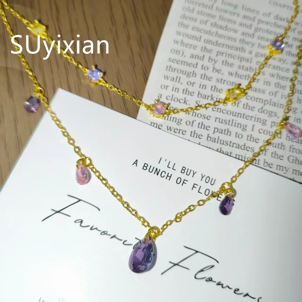 925 Sterling Silver Fashion Vintage Double Layer Stacked Water Drop Zircon Pendant Necklace Birthday Anniversary Gift