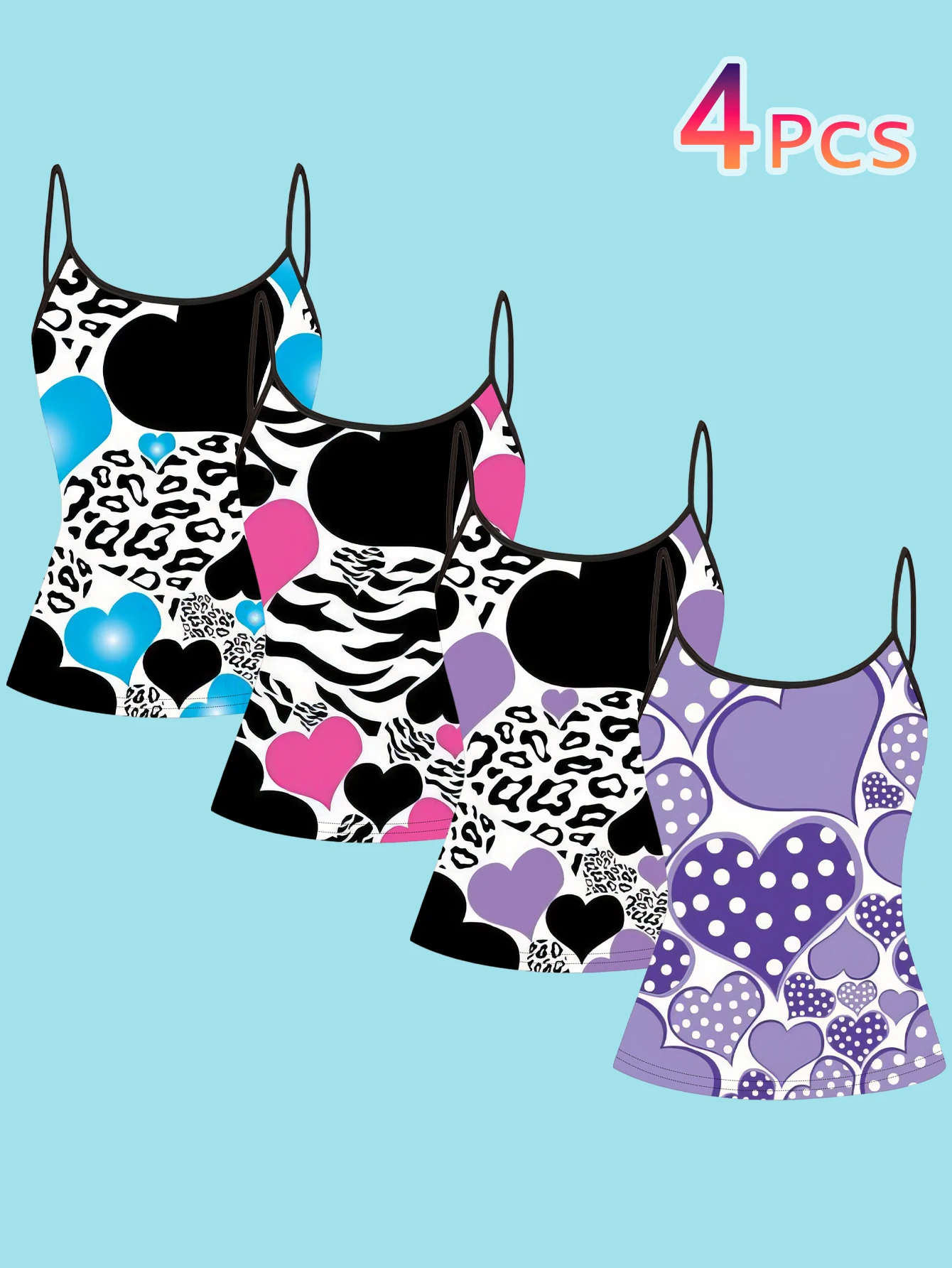 4-Piece Set Y2K Millennium Hot Girl Heart-Shaped Leopard Print Polka Dot Camisole for Women, Sweet and Cool Color-Blocking Multi-Element Thin Strap Waist-Cinching Slim-Fit Base Top, Cross-Border Street Music Festival Outerwear Camisole