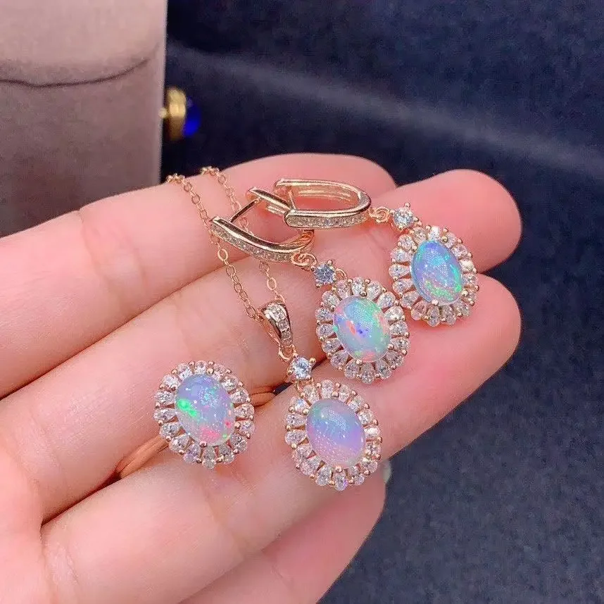 Colorful Natural Opal Earrings Rings and Necklaces 3 Piece Set Women's Genuine Sterling Silver Fine Jewelry Set