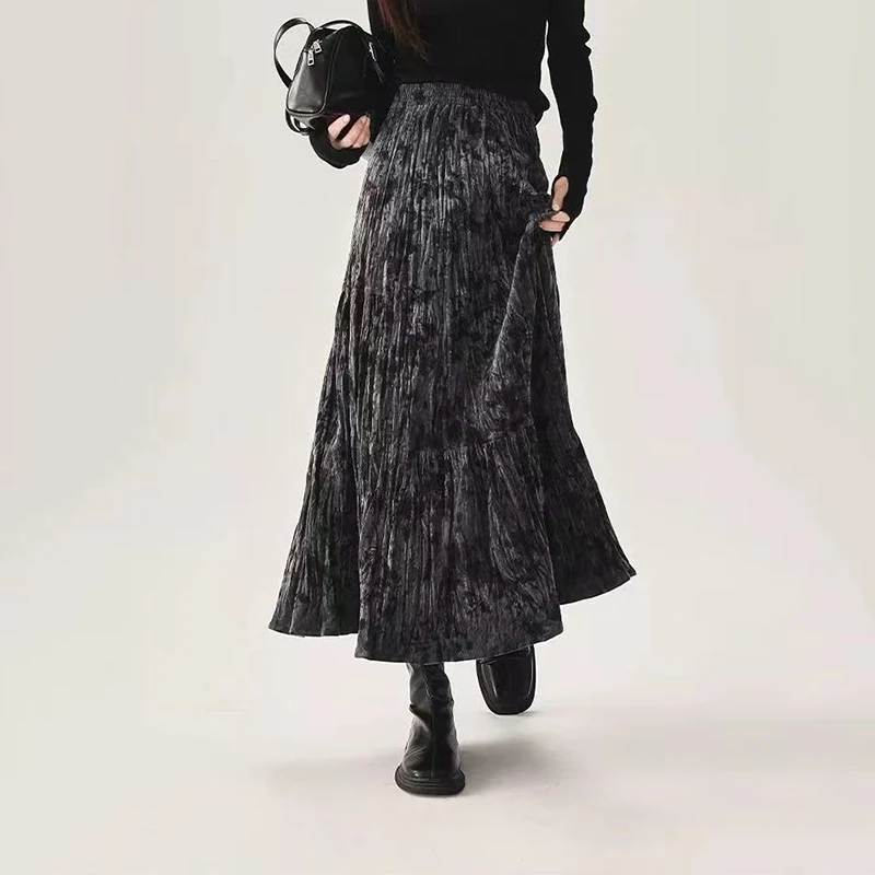 Koreanische Chic Falten Midi Rock Frau Herbst Hohe Taille Tie Dye Casual Rock Y2K Winter Elegante Büro Dame Alle Spiel EINE Linie rock
