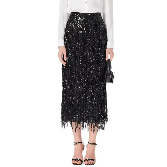 Fashion Temperament Women's Skirt Shiny Sequin Tassel High Waist Straight Slit Skirts Elegant Socialite Clothing One Step Skirt