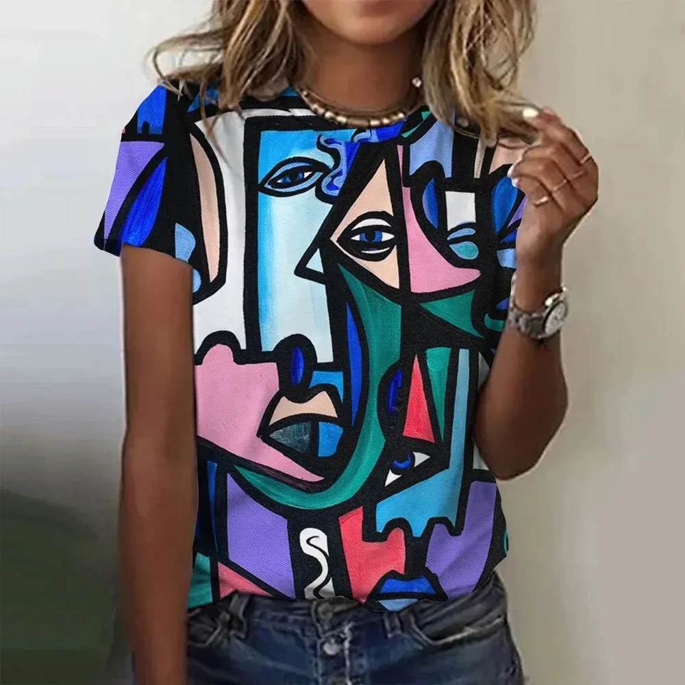 

Picasso Abstract 3D Painting Vintage Elegant Women's T-shirts Short Sleeve Fashion Trend Tees Casual Style Lady's Clothing Y2K