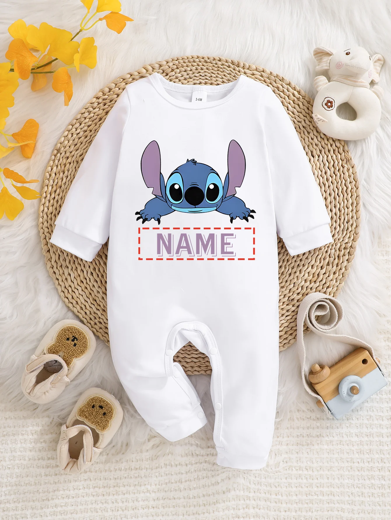 

[Officially Licensed] Disney Stitch Baby Long-Sleeved Onesie, Customizable with Name, Soft and Easy-Care Fabric