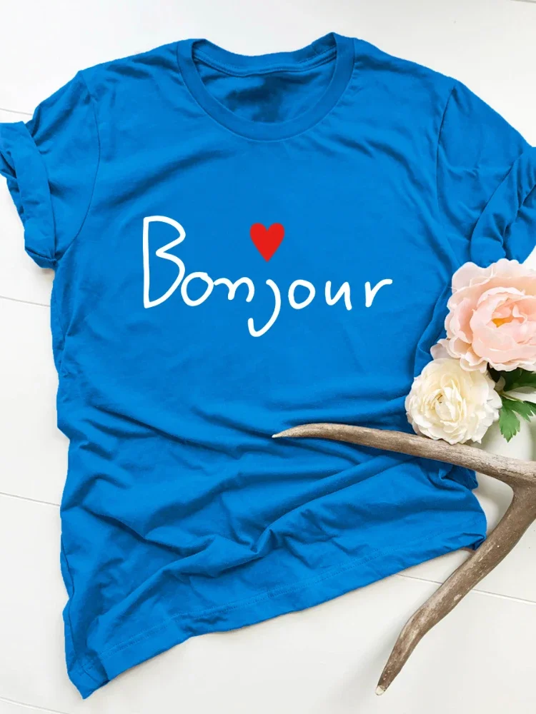 Bonjour Heart Print Women T Shirt Short Sleeve O Neck Loose Women Tshirt Ladies Tee Shirt Tops Clothes Camisetas Mujer