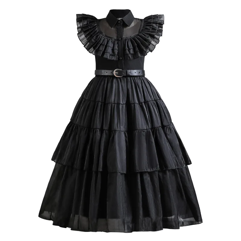 Girls Formal Dress Westernized Waistband Long Black Dress Children's Cos Performance Suit for Halloween Purim Party 2023