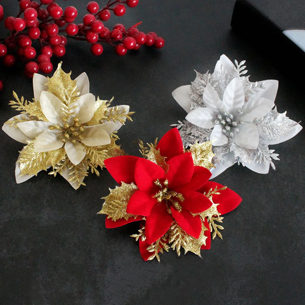 1Pcคริสต์มาสPoinsettia Glitterดอกไม้แขวนXmas Partyตกแต่งต้นไม้สําหรับปี 2025 ใหม่ปีNoel Navidad Home Party Decor