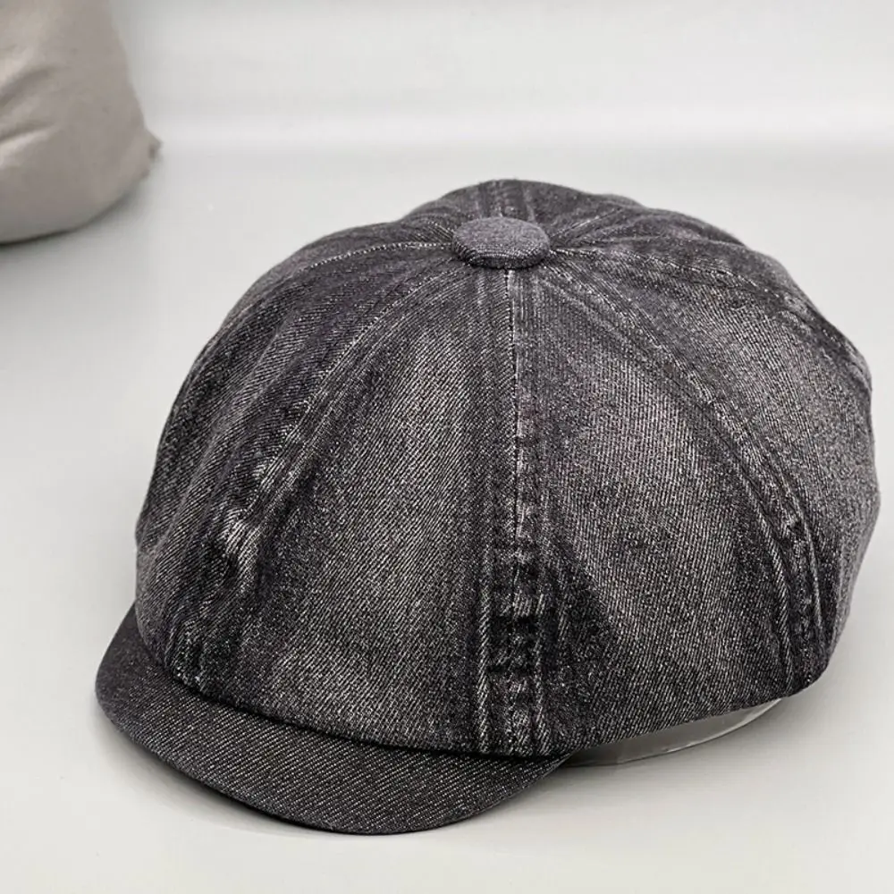 Retro Washed Denim Newsboy Cap Short Brim Versatile Flat Peaked Hat Casual British Beret Hat For Men Women view 3