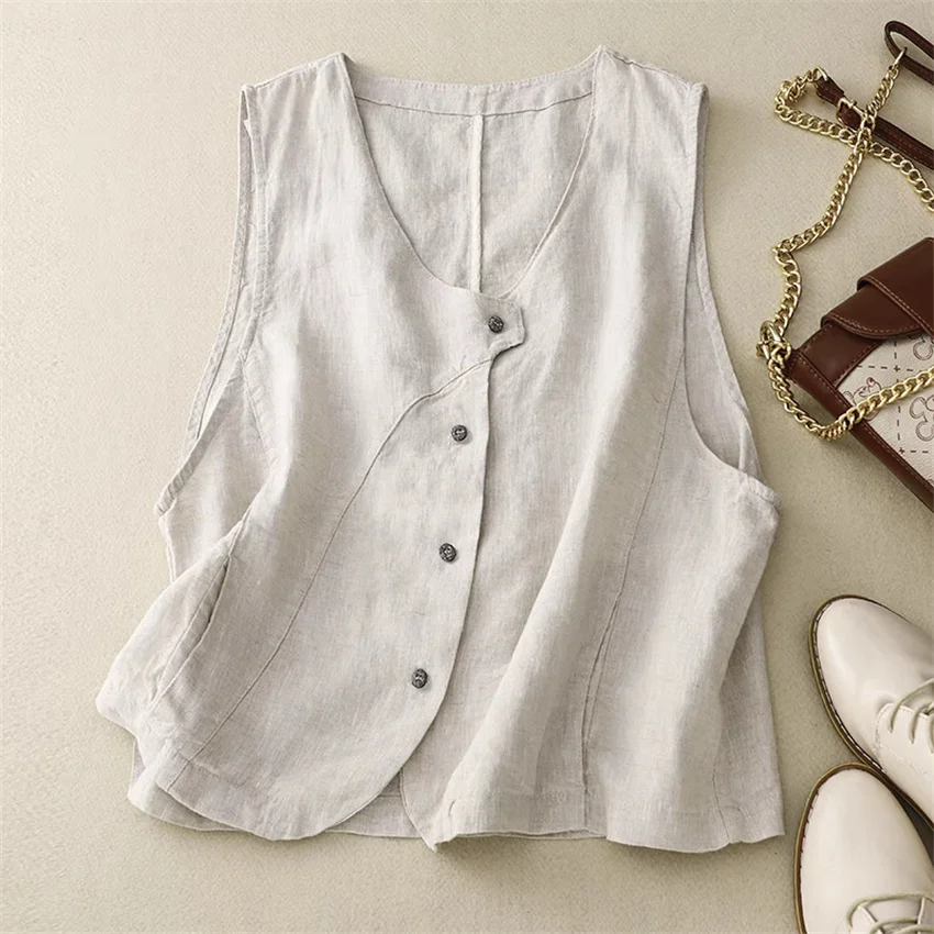 2025 New Women Cotton and linen Vest Fashion Lady V-neck Solid Vests Big Size Female Sleeveless Jacket Short Paragraph WZ2441