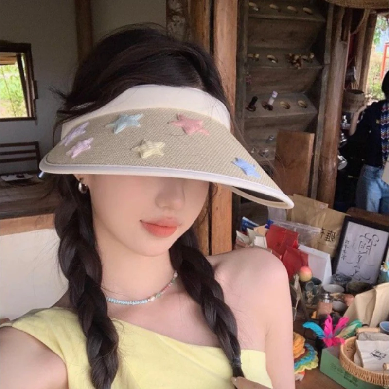 

Summer Stars Hollow Top Sun Hat Women's Knitted Straw Hat With Large Brim Small Fresh Girl College Style Beach Vacation Sun Hat