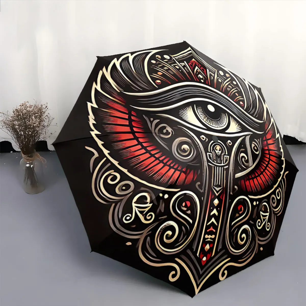 Mystic Eye Design with Red Wings and Ornate Details portable waterproof sun rain umbrella for outdoor travel beach
