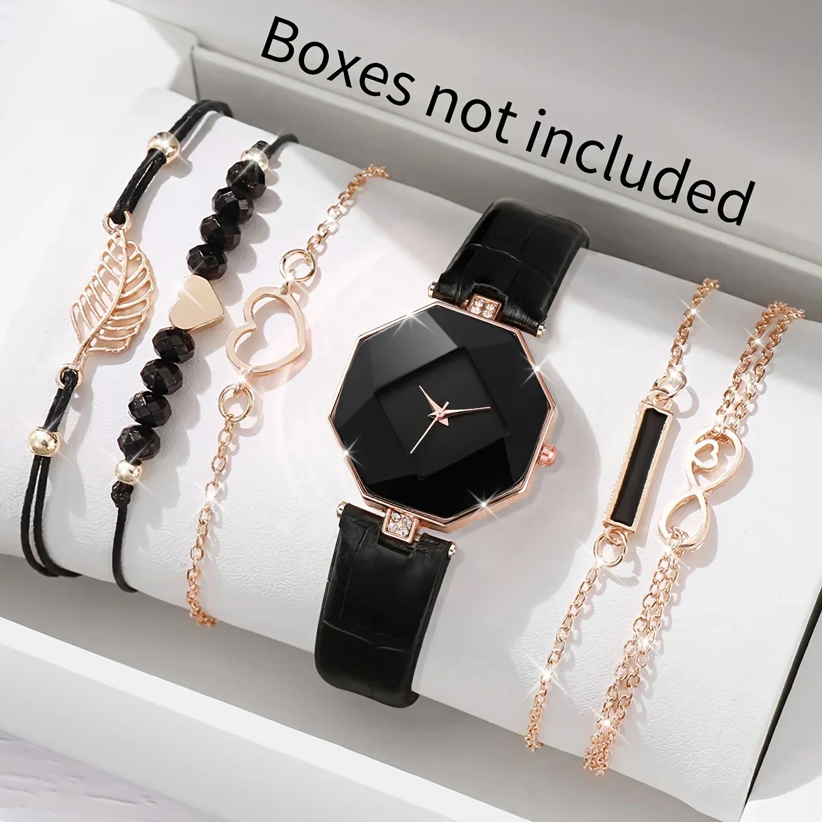 6pcs/set Women\'s Watch Casual Polygon Pointer Quartz Watch Analog PU Leather Wrist Watch & Bracelets, Gift For Mom Her