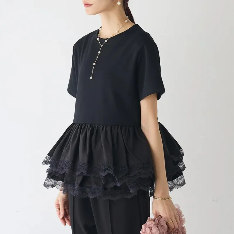 

Japanese Style T Shirt for Women Lace Patchwork A-line Korean Tees Sweet Ropa De Mujer Summer Casual Loose Tops Retro Camisetas