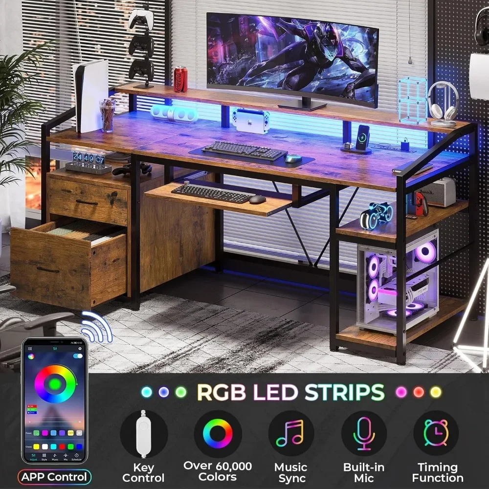 Bureau d'ordinateur avec lumière LED et prise de courant, bureau de jeu avec verrouillage, égouts à proximité pour fichier juridique et lettre, 63 po