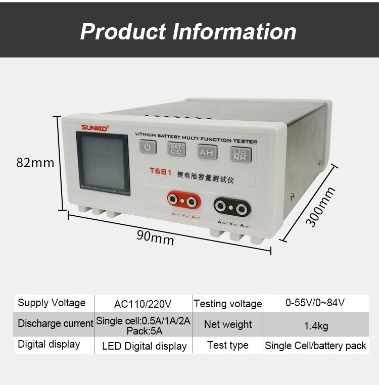 

SUNKKO T-681 Lithium Battery Tester 55V/84V 5A – Measure Voltage/Capacity, Supports Li-ion/LiFePO4, Single or Pack, LED Display
