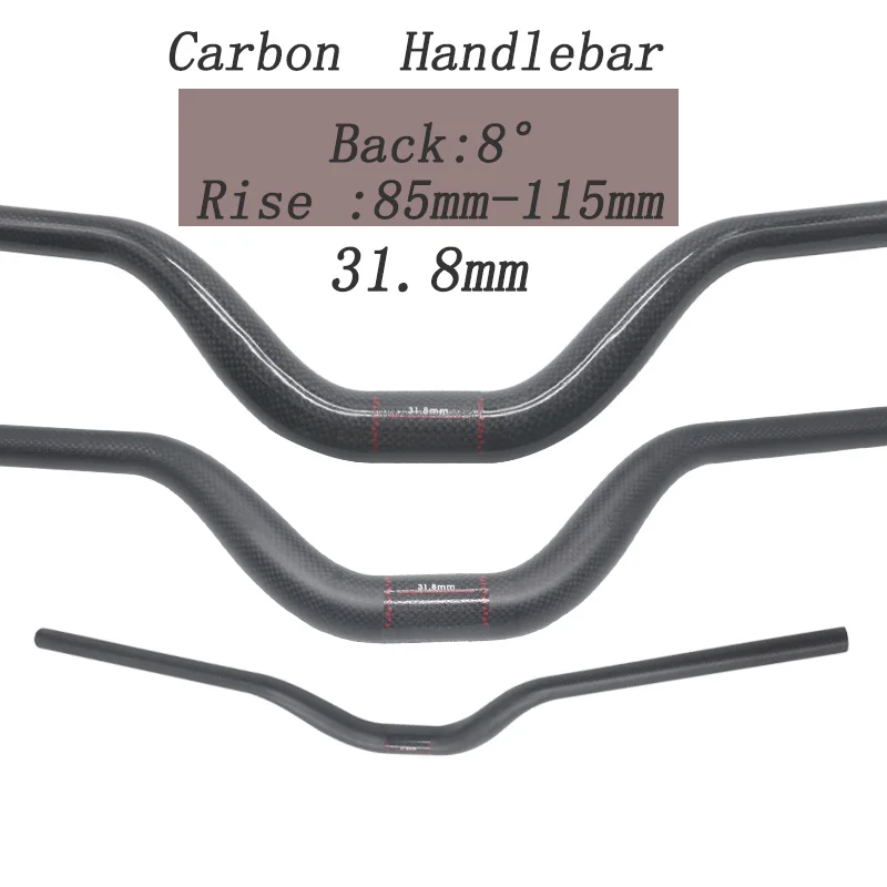 3K Carbon MTB Bicycle Handlebar Mountain Bike Riser Bar 8° Rise 85mm-115mm Width 31.8mm Clamp with 580mm to 760mm Width