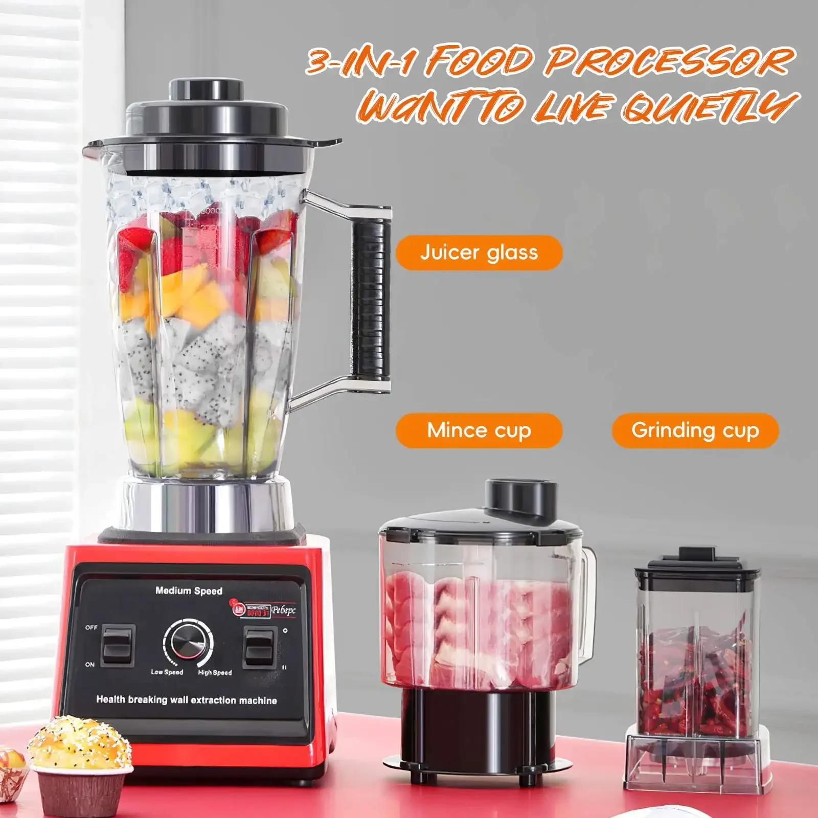 9500 W Kraftstofftischmixer Entsafter Smoothie Maker 3-in-1 0,5/1,5/3 l Behälter Küchenmaschine Blenderboxer für Eis Nuss Obst – Detail 3