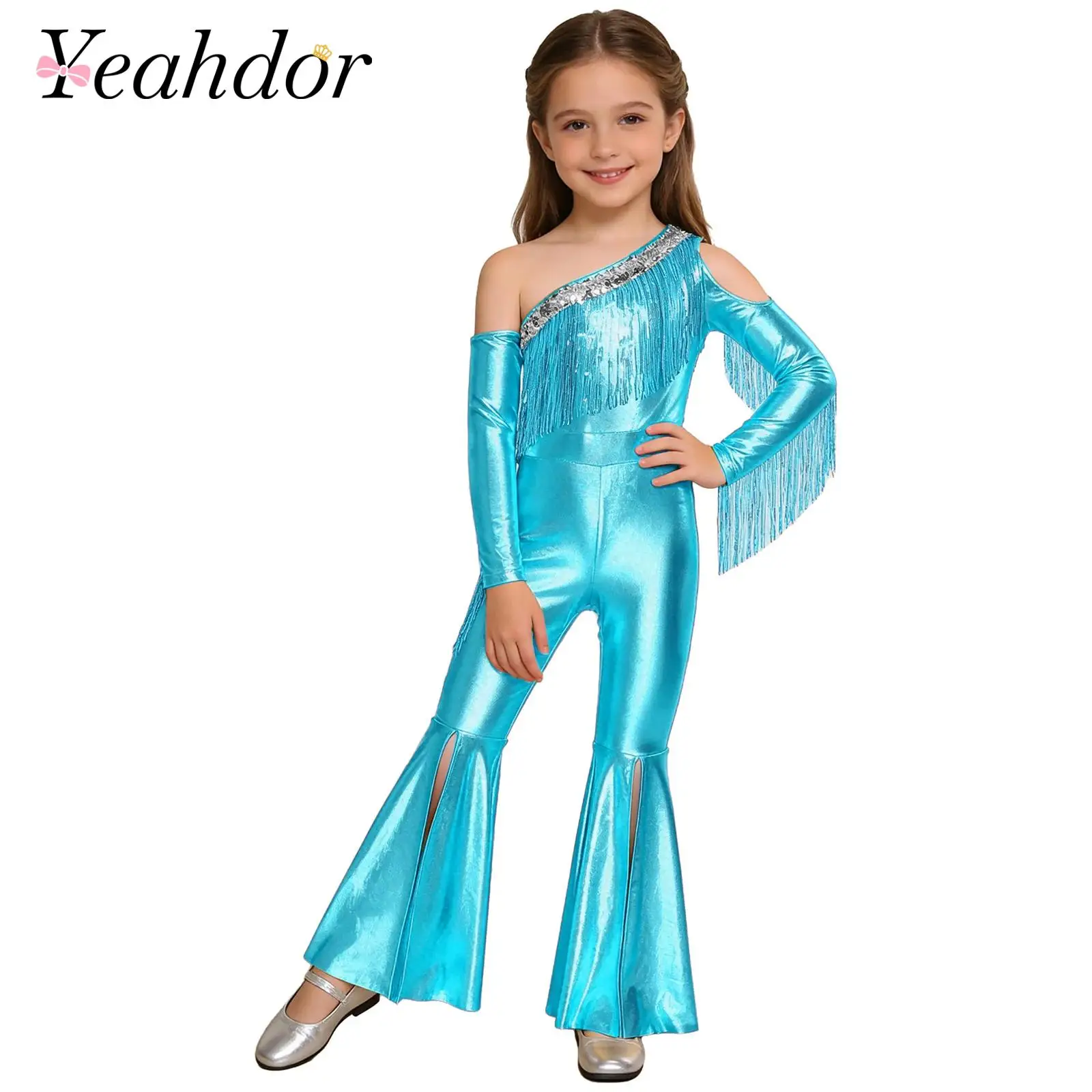 Kids Girls 70s Disco Jazz Dance Costume Metallic Shiny Pageant Cowgirl Rompers Sequin Tassel Slit Bell Bottom Party Jumpsuits