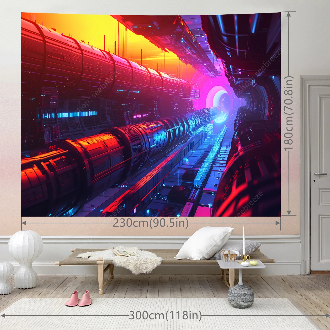 Cyberpunk Space Tunnel Tapestry Neon Gradient Metallic Wall Art Sci-Fi Gaming Room Decor Immersive Ambient Lighting Design