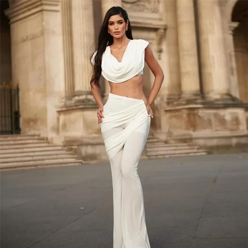 2024 Fashion Crop Tops and Pant Two Piece Set Sexy Skinny Solid 2 Piece Sets Going Out Outfits Women Winter Club Matching Sets