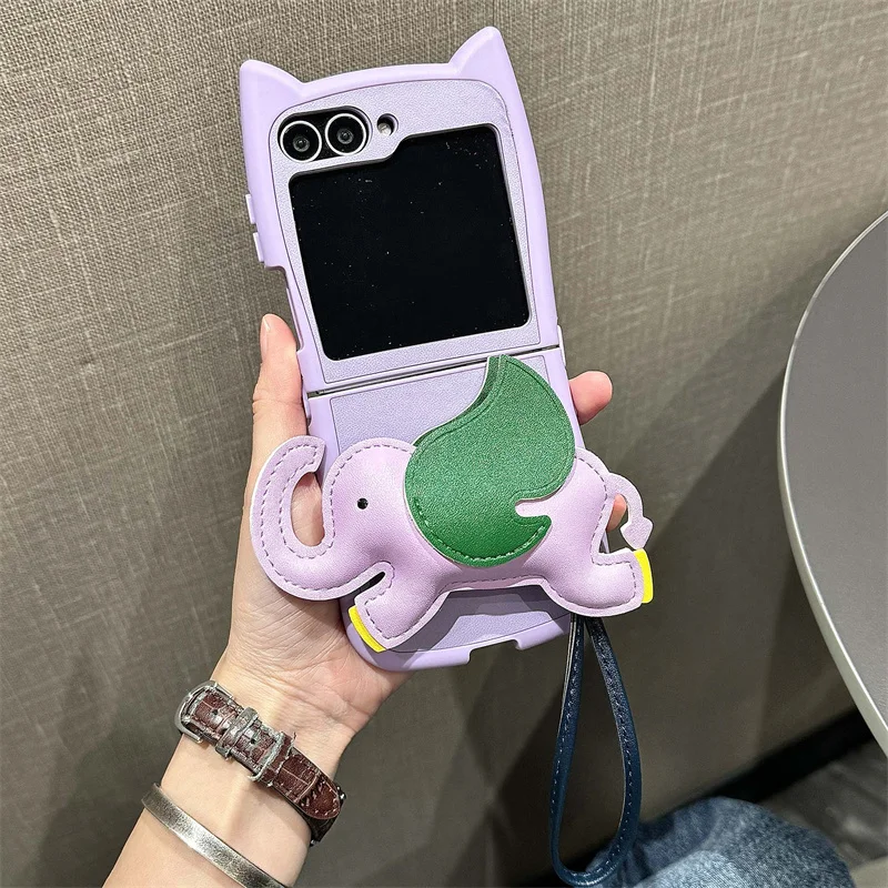 Cute cat ears model Elephant phone case with Samsung Galaxy Z Flip 6 5 4 3 Flip 6 Zflip bracelet shockproof hard cover kawayii