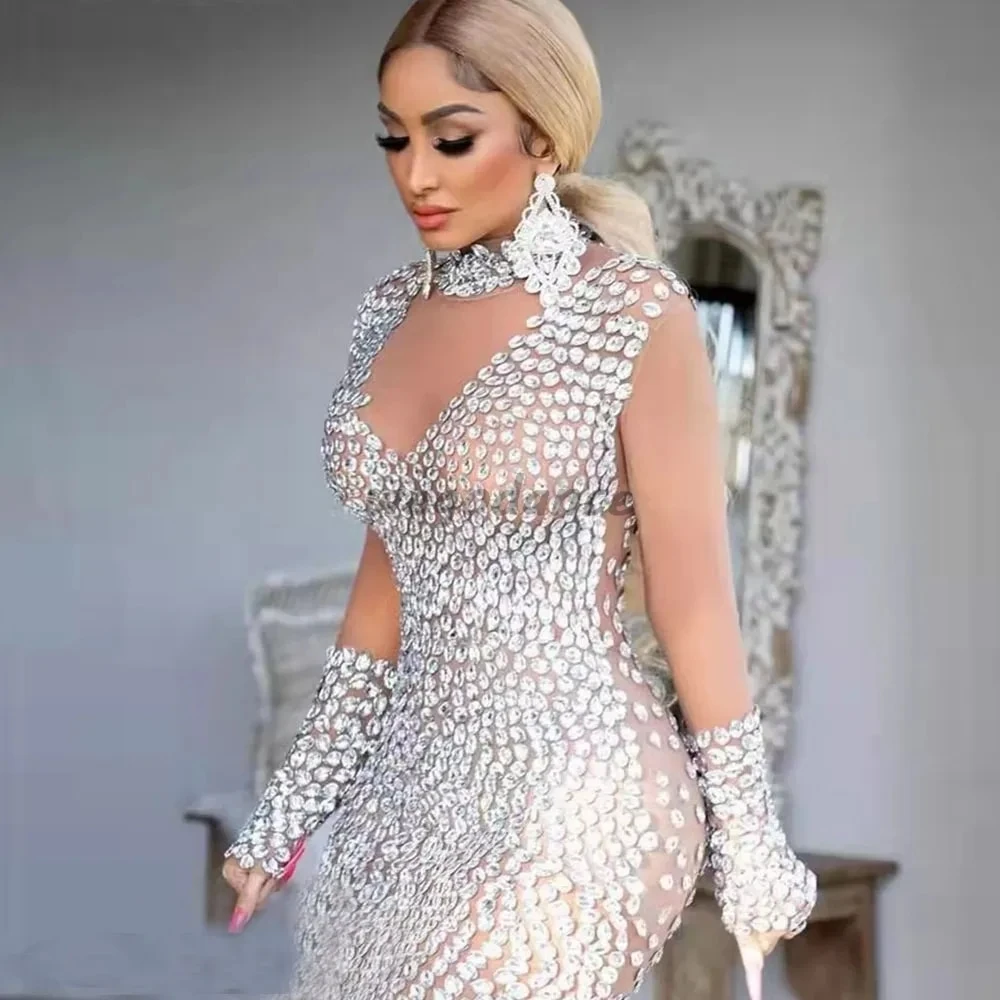 Custom Made High Neck Long Sleeves Formal Evening Prom Gowns See Through Shinny Full Crystal Mini Mermaid Cocktail Dresses