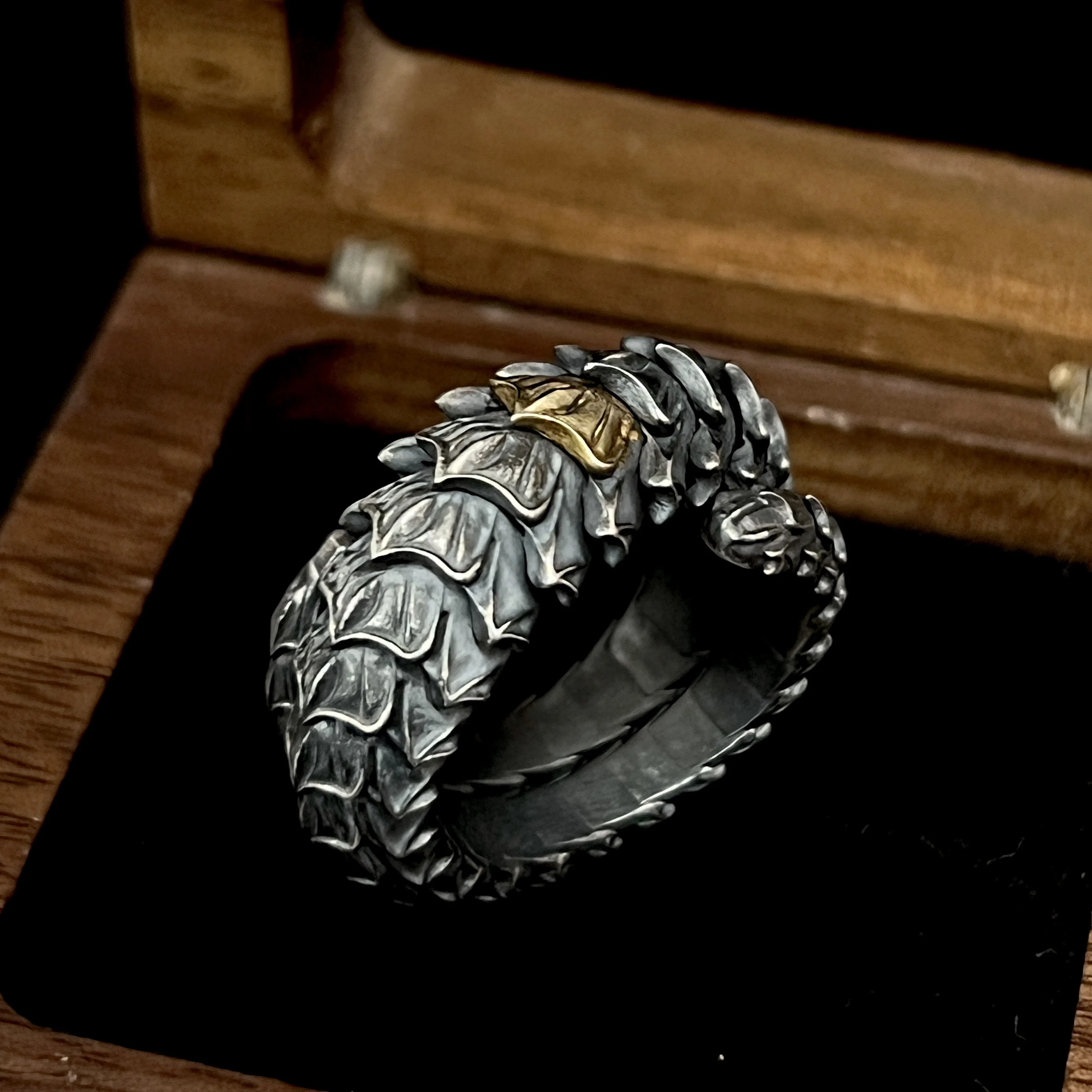 S925 Silver, Vintage-Style, Distressed, Carved Dragon Scales Ring/Ring with Adjustable Opening for the Index Finger