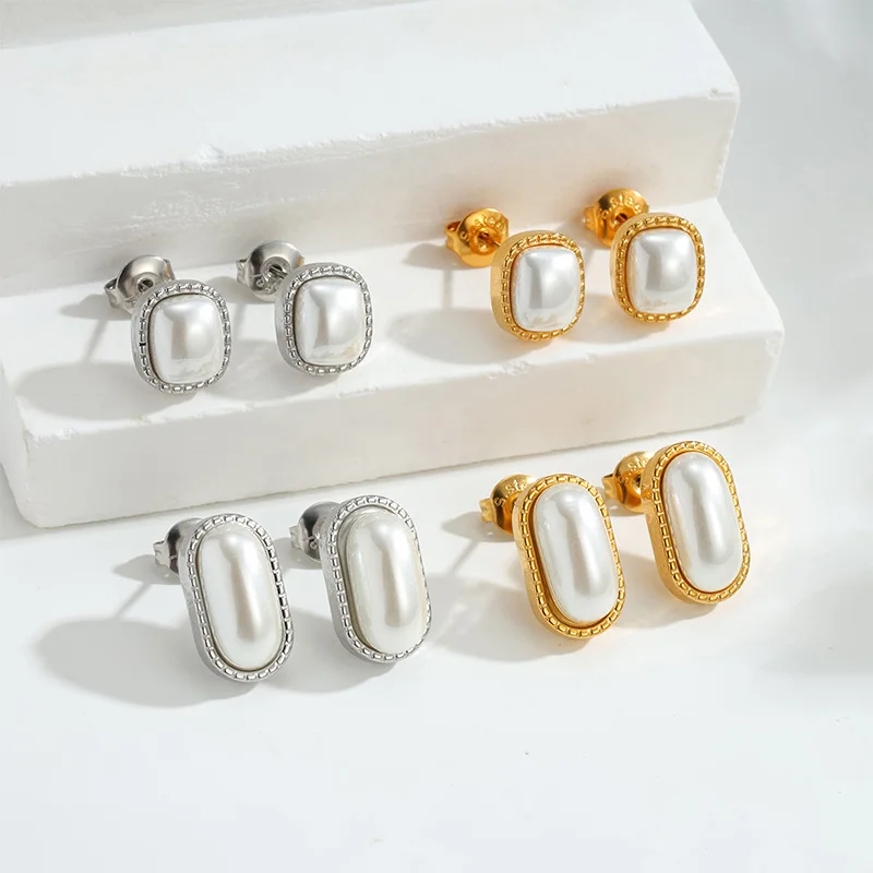Letdiffery Minimalist Imitation Pearl Earrings for Women Stainless Steel Beaded Border Heart Geometric Square Studs Jewelry