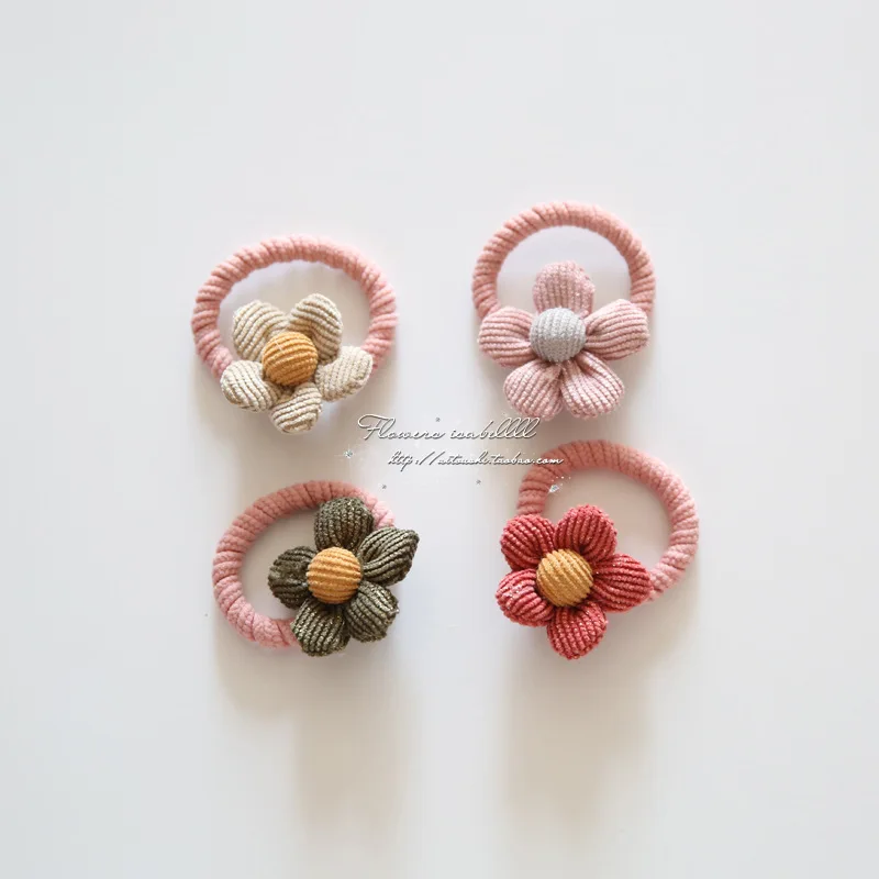 Kids Hair Bows Set 1PC Floral Beige Pink Fabric Elastic Ties No Tangle Hair Accessories for Toddler Girls