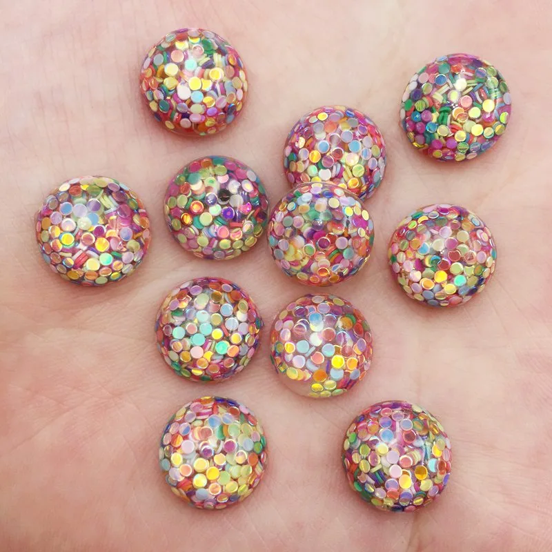 50PCS Resin 10mm Colorful Glitter Round Bead Flatback Rhinestone Scrapbook Crafts Diy Half Beads Jewelry Making W7710