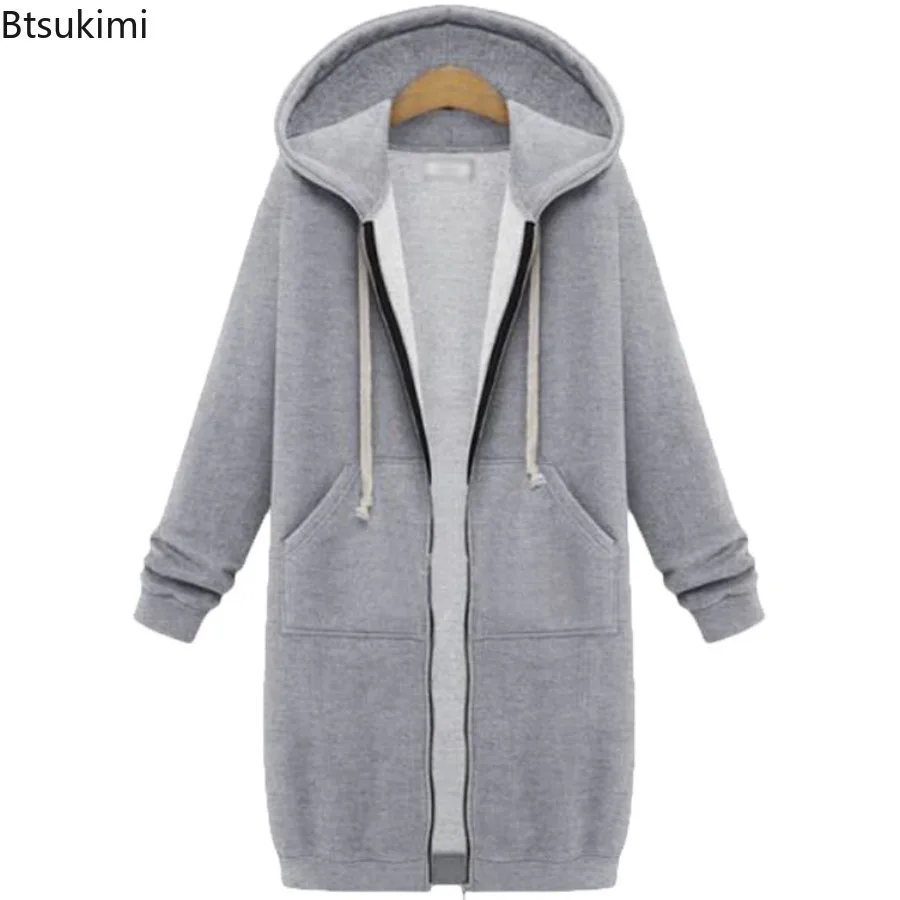 New 2026 Women Autumn and Winter Hoodies Thickening Loose Fashion Solid Color Pocket Design Top Hooded Long Sweatshirts Coats