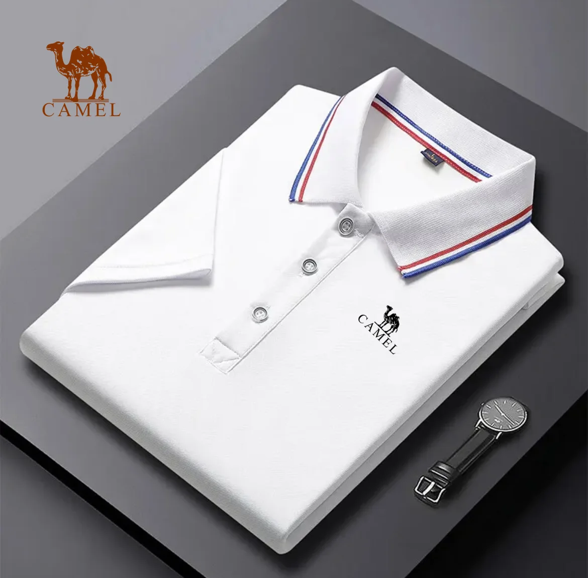 

Men's Camel Business Casual Polo Neck Short sleeved T-shirt Summer Comfortable and Breathable Solid Color Printed Top