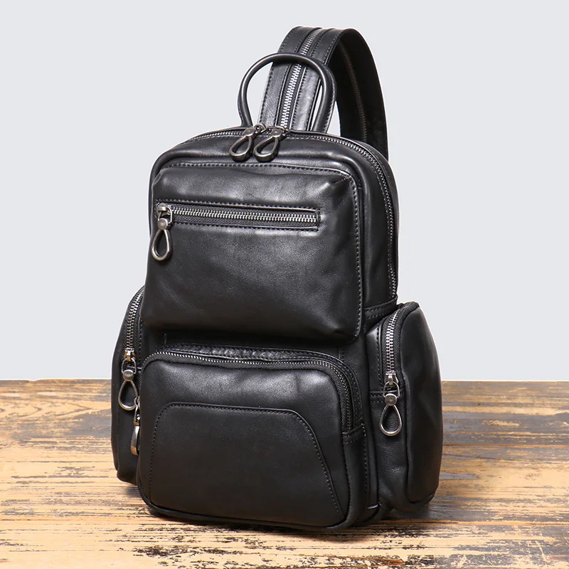 New Design Luxury Mutifunction Chest Bag Black Men's Backpack Genuine Leather Unisex Travel Bagpack Outdoor Sport Cross Bag