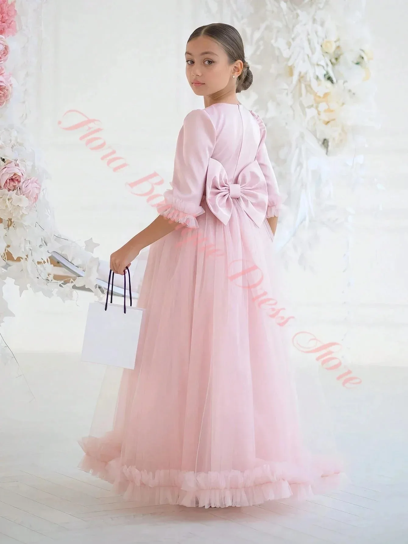 Maßgeschneidertes rosa Blumenmädchenkleid für Hochzeiten, halbe Ärmel mit Schleife, O-Ausschnitt, Kindergeburtstagsfeier, Erstkommunion, Festkleid – Detail 4