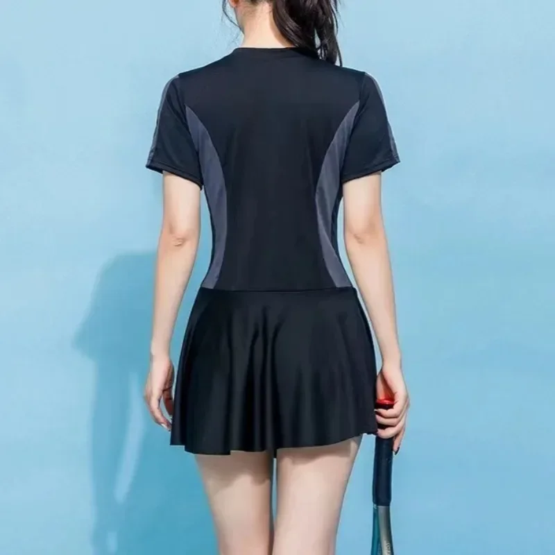 High Waist Black Dress Swimsuit for Women Conservative Short-sleeved Sun Protection Student Sports Summer Swimsuit