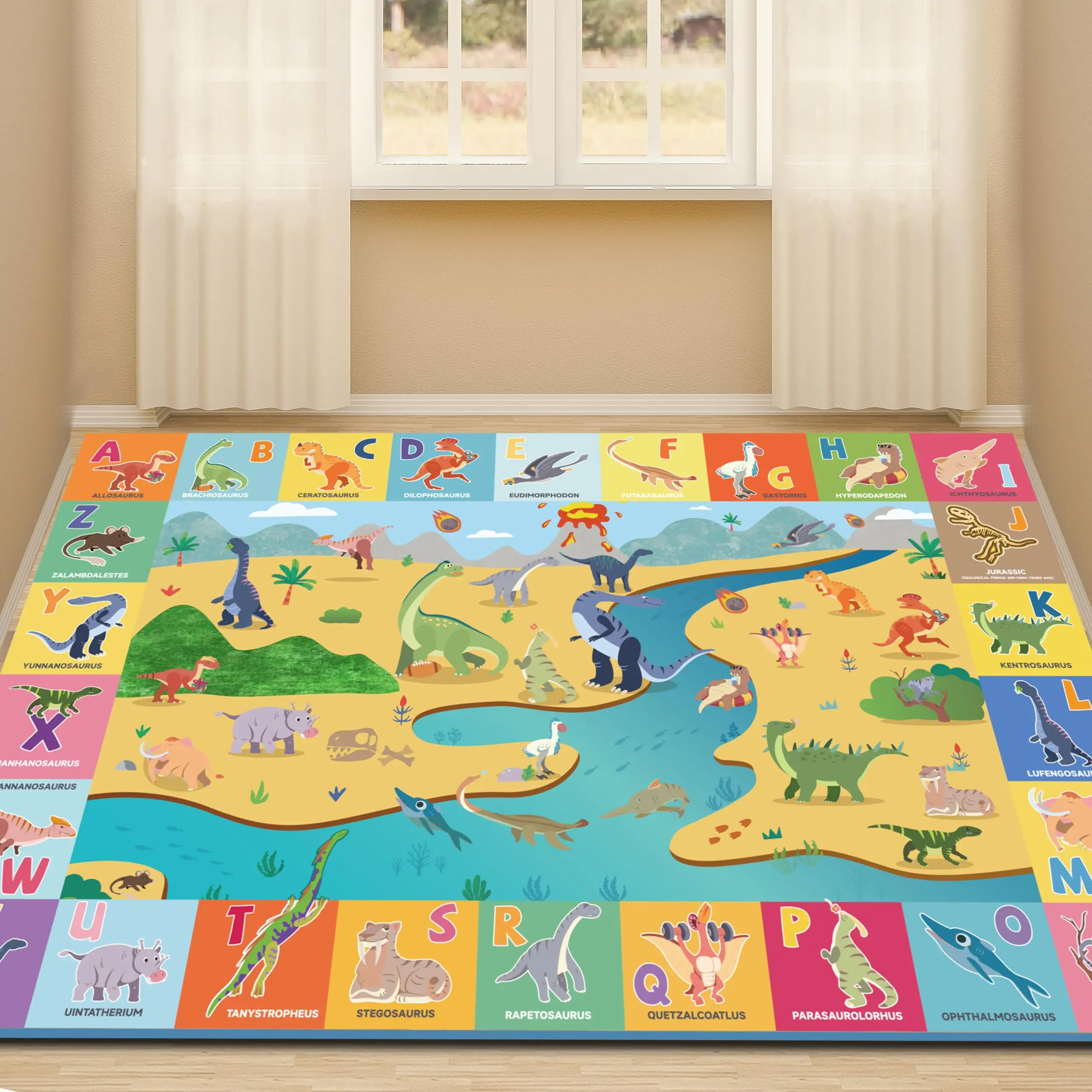 Dinosaur Theme Kids Play Carpet Boys Bedroom Rugs Cute Cartoon Dinosaur Decor Kids Area Rug Non-Slip Washable Playroom Rugs