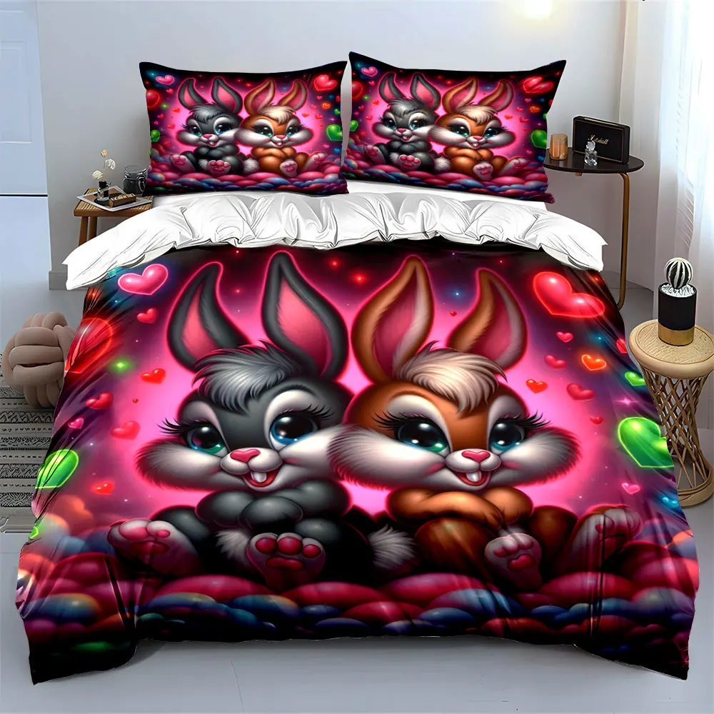 Cute rabbits with colorful heart Print Bedding Set 1 Duvet Cover 2 Pillowcases for Adult and Children Luxury Gift Full Size