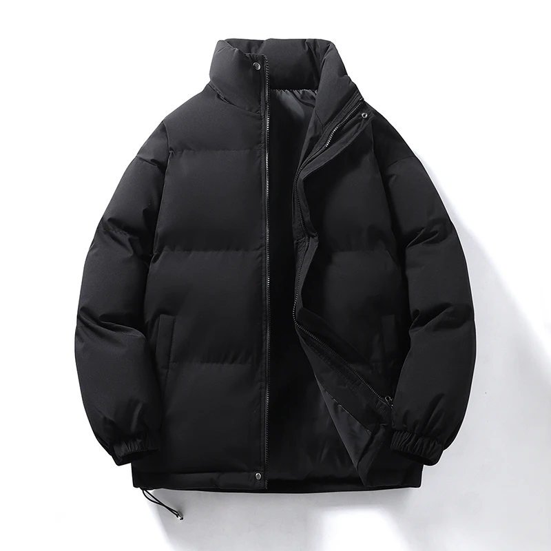 Men Stand Collar Puffer Jacket Winter Thick Warm Cotton Coat Loose Solid Color Zipper Outerwear Casual Windproof Parka M‑4XL