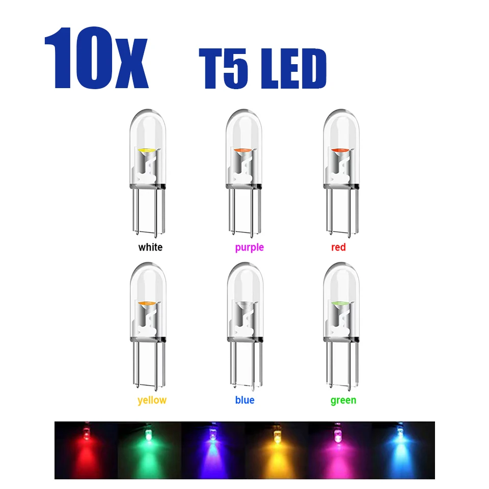 10x Newest T5 Led Car Dashboard Light Glass COB Instrument Indicator Lamp Automotive Door Wedge Gauge Reading Signal Light 12V