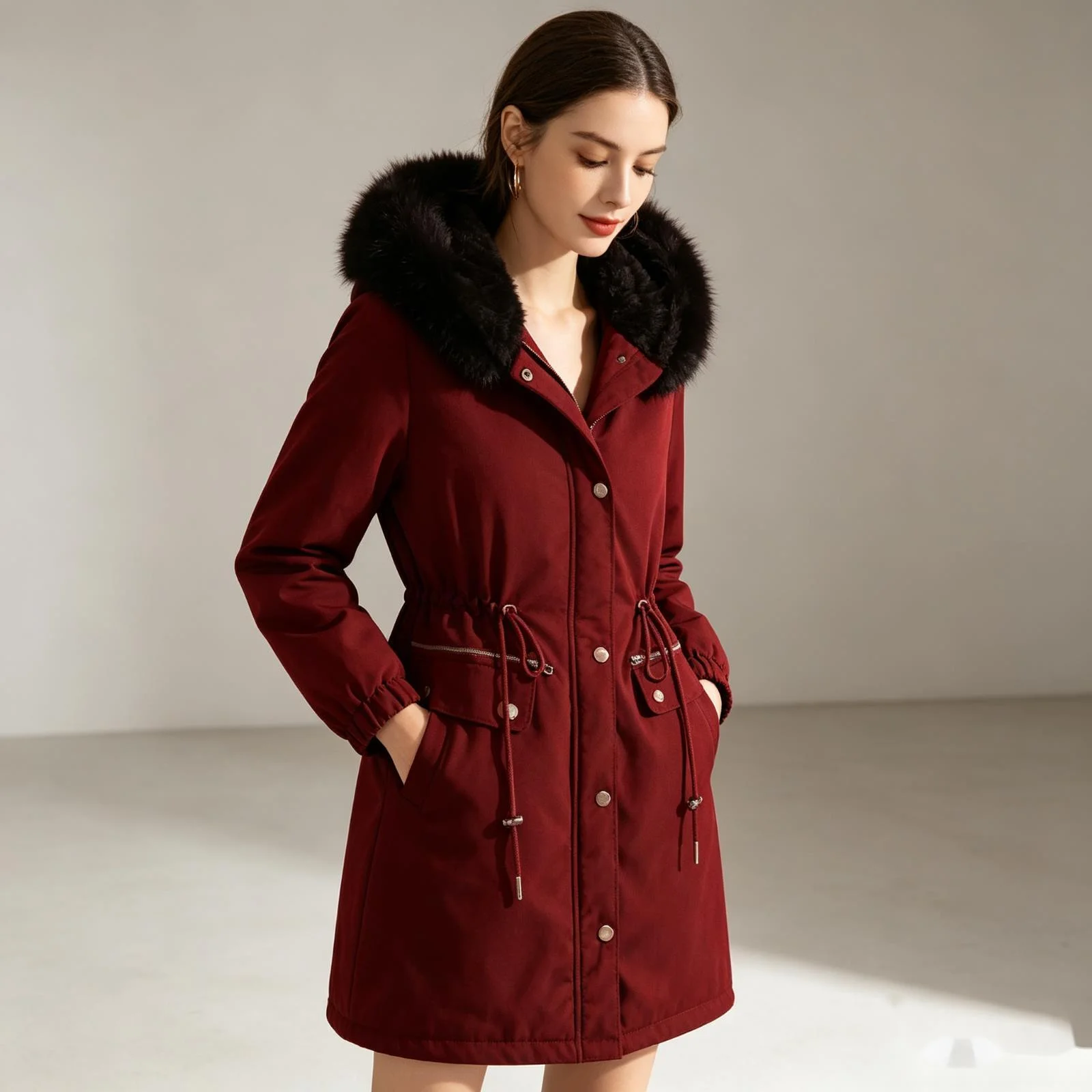 European-style Cotton-padded   Women's Clothing, Autumn. And Winter. Thickened, With A Fur Necklace Hooded, Long, And Warm Maxi