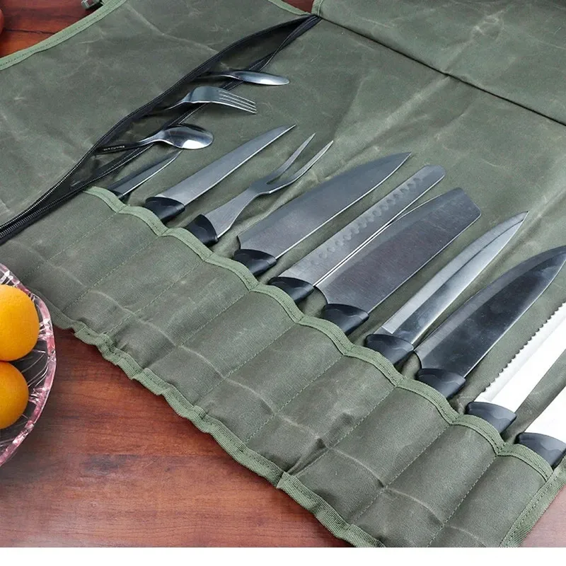 Portable Chef's Knife Bag - Durable Canvas Professional Kitchen Sharp Blade Japanese Storage Pocket Rollable Bag Outdoor Use