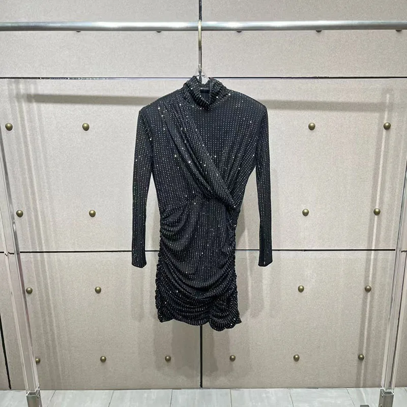 

Women's Long-Sleeve Bodycon Dress, High-Quality Sexy Short Party Dress, Y2K Style, Pleated Rhinestone Mini Skirt, 2026 New Arriv