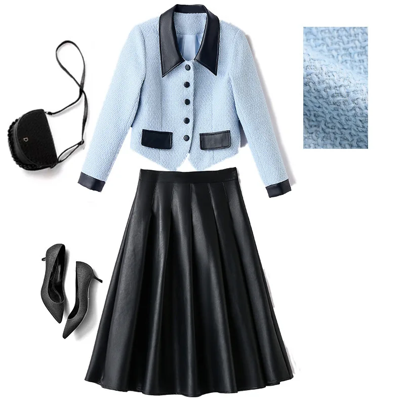 レディースカラーブロックツーピースラペルジャケット+PUレザースカート 2025年春夏新作 小香風セット